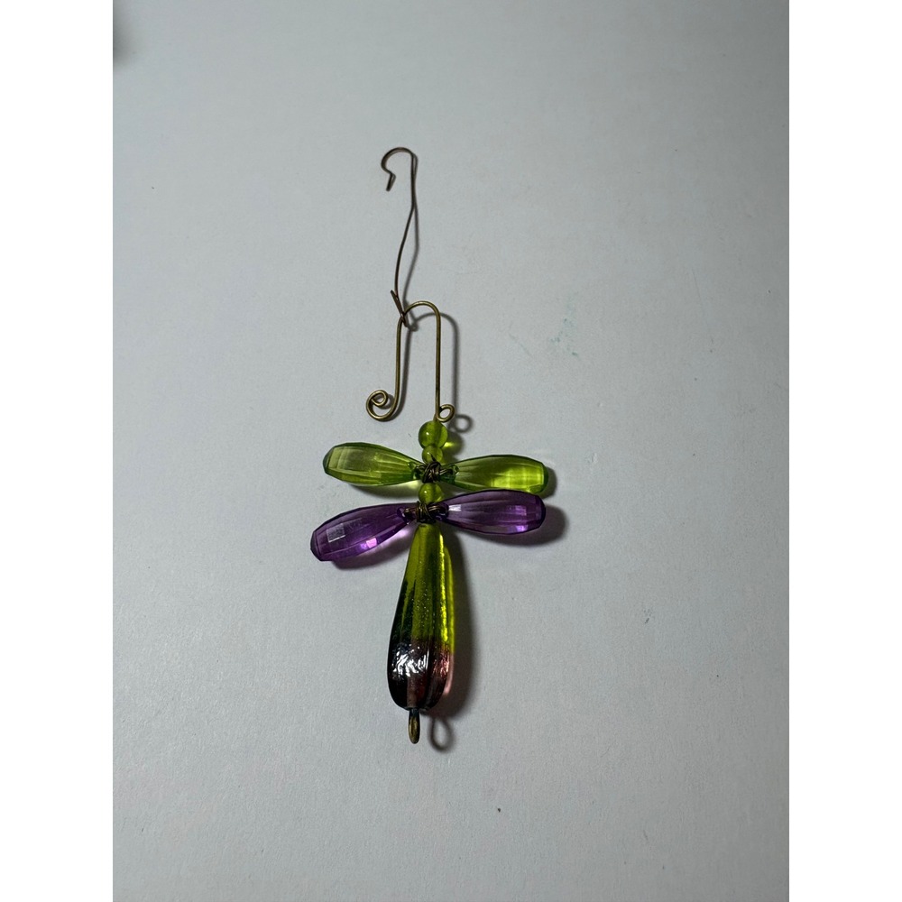 Vintage Style Beaded Dragonfly Ornament Green Purple Glass Wire Wrapped 3.5"